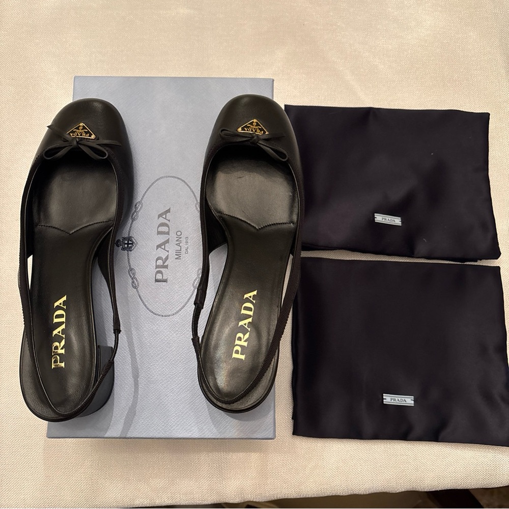 Authentic Prada Triangle Logo Bow Slingback Pump Black Leather EU 39 US 9 New - Picture 4 of 9